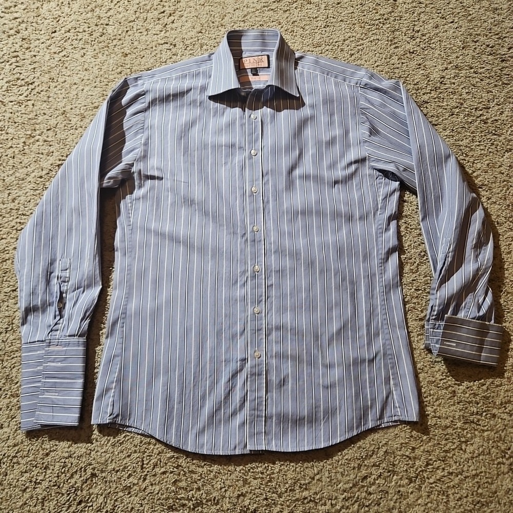 Thomas Pink Shirt Mens 15.5 Striped Double French Cuffs‎ Slim Fit Blue